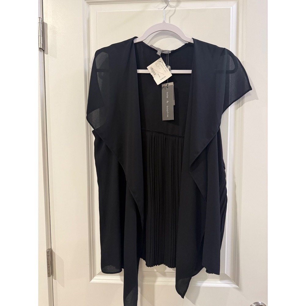 Lola & Sophie Black Pleated Back Draped Open Front Vest W7577 Womens‎ Medium NWT